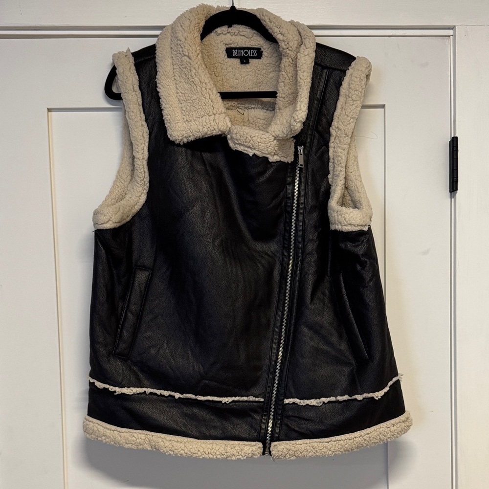 Black and Cream Shearling Moto Vest